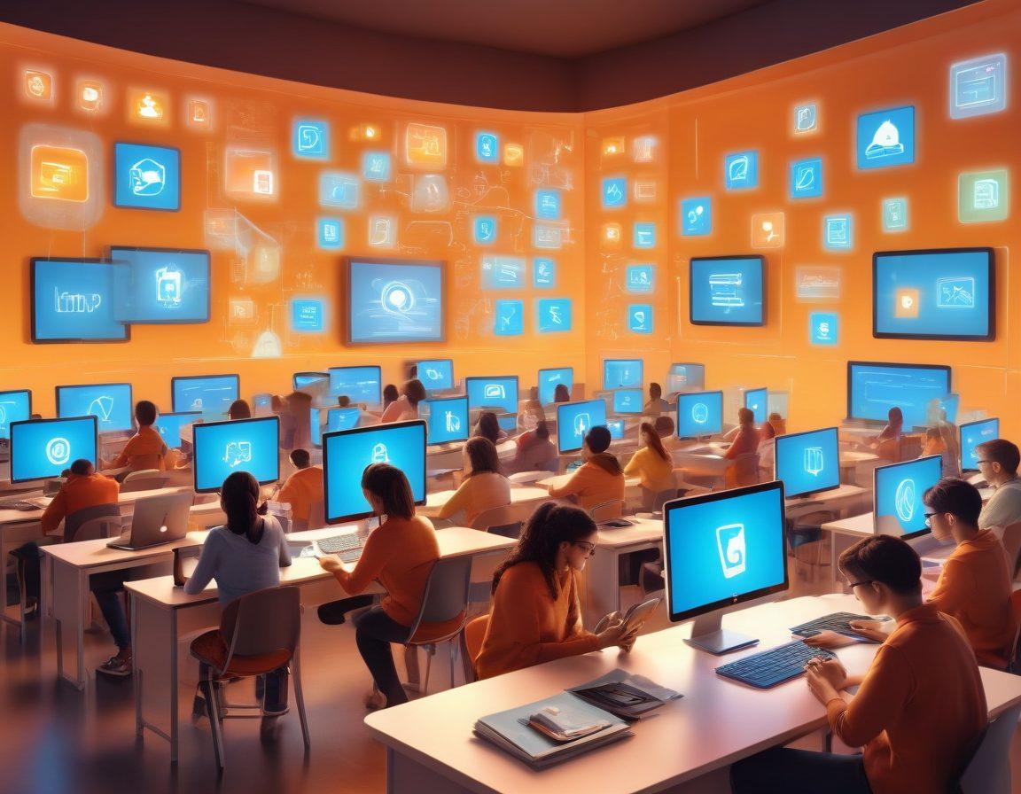 A vibrant illustration of diverse students engaged with various e-learning tools, surrounded by glowing screens with interactive icons. The atmosphere conveys a sense of affection and teamwork, with warm colors symbolizing adoration and readiness to learn. Incorporate elements like laptops, tablets, and enthusiastic expressions, showcasing a digital classroom environment. Dynamic and inviting composition. super-realistic. vibrant colors. 3D.
