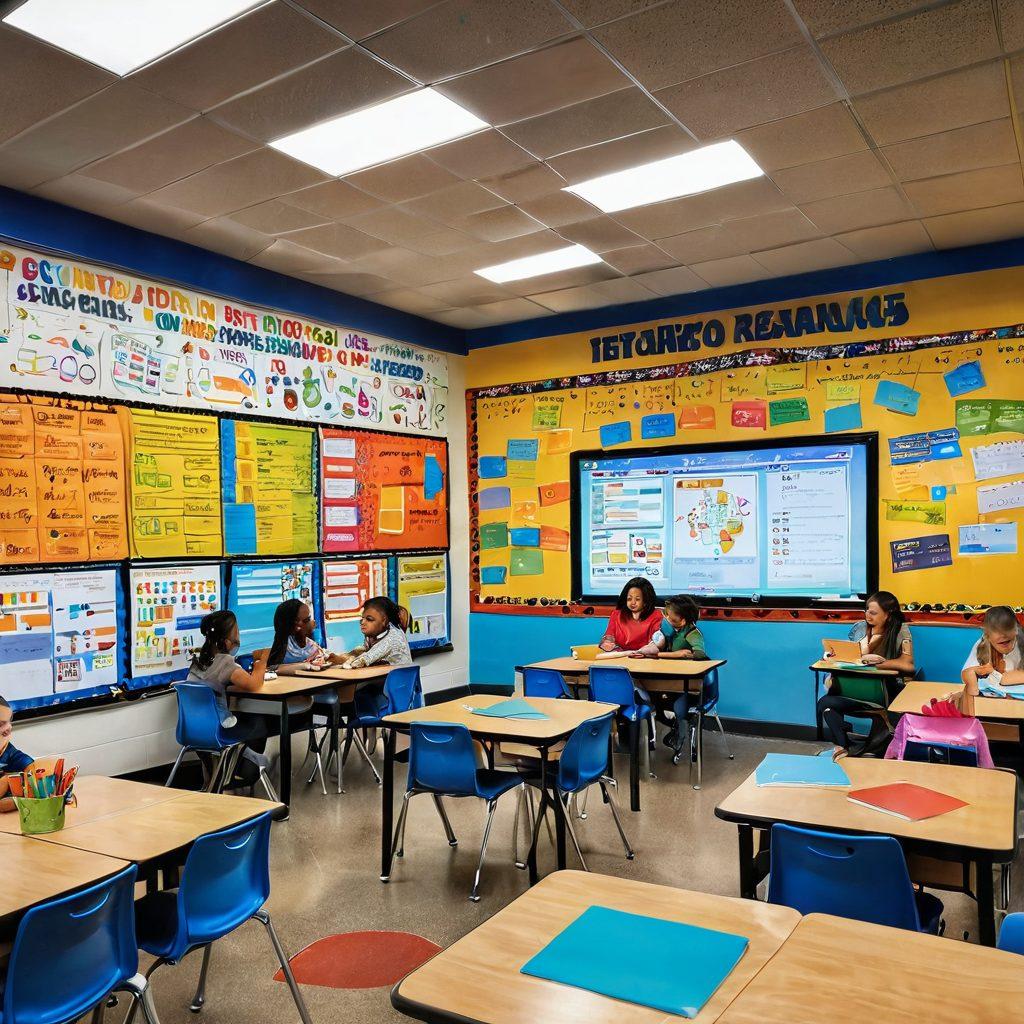 A vibrant classroom filled with enthusiastic students actively engaging with interactive educational resources like tablets and books. The walls are adorned with colorful charts and motivational quotes, while a teacher guides them with a smile. Bright lighting creates an inviting atmosphere, emphasizing collaboration and creativity. super-realistic. vibrant colors. educational theme.