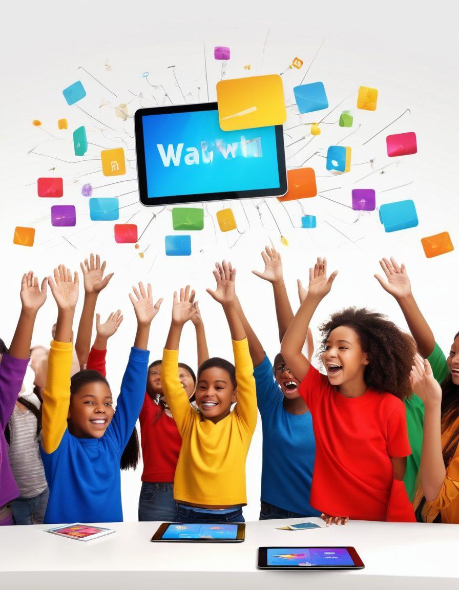 A dynamic classroom scene illustrating students engaging with interactive digital learning tools, showcasing diverse students collaborating on tablets, with bright screens depicting educational content. Include elements of enthusiasm, such as students raising their hands, colorful infographics on the walls, and a teacher actively guiding them. The atmosphere should be vibrant and inspiring, symbolizing motivation and teamwork in a digital landscape. super-realistic. vibrant colors. white background.